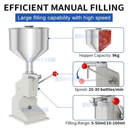 Zonesun Liquid Filling Machine Manual Paste Filler Lip Gloss Shampoo Dispensing Equipment ZS-A03S