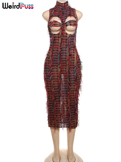 Nibber Sexy Hollow Dress Women Knit Colorful Tassel Backless Y2k 2024 Summer Trend Stretch Sleeveless Elastic Bodycon Clubwear