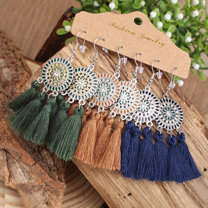 Women Bohemian Colored Tassel Dangling Earrings For Girl Pagoda Fan Dangling Earrings Eardrop Female Net Flowe Fashion Jewelry