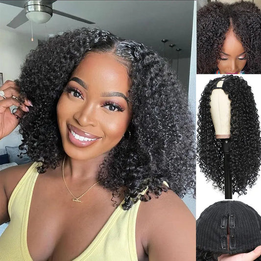 Deep Curly V Part Wigs Kinky Curly Synthetic Hair Wigs for Black Women Deep Water Wave No Leave Out Full Head Clip In Half Wig