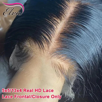 Elva Real HD Lace 5x5 13x4 HD Lace Frontal Only Melt Skin Straight Body Wave Hair Pre Plucked invisible HD Lace Closure Only