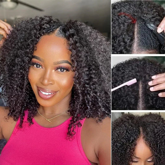 250%  Kinky Curly V Part Wig Human Hair Glueless Deep Afro Curly V Part Wig 30 34 Inch Remy Hair I Part Wigs for Women on Sale