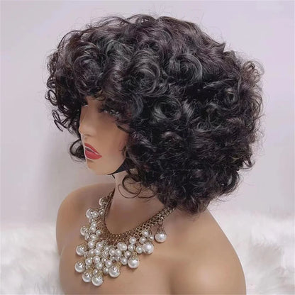 Fumi Curly Human Hair Wigs Fringe Wig Pixie Cut Rose Curly Cheap Full Machine Wigs Egg Curl Short Bob Wig With Bangs 300 Density