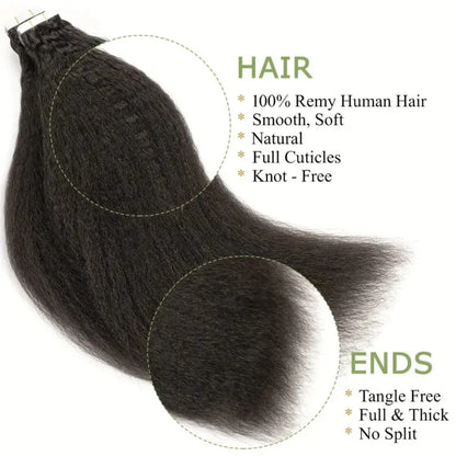 Kinky Straight Invisible Tape In 100% Human Hair Extensions 16"-26" Skin Weft Natural Black 100% Remy Hair Adhesive 20pcs/pack