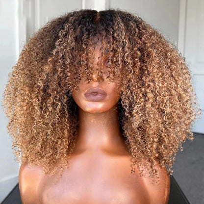 Highlights Blonde Jerry Curly Full Machine Made Wig With Bangs Brazilian Remy Human Hair Wig Ombre Brown Colored For Black Women