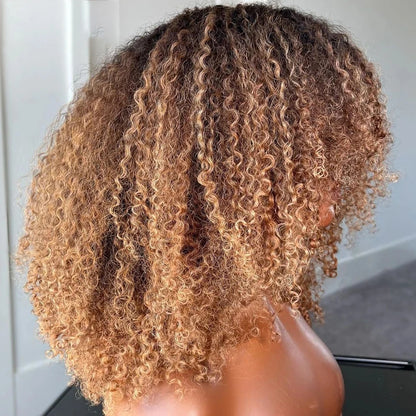Highlights Blonde Jerry Curly Full Machine Made Wig With Bangs Brazilian Remy Human Hair Wig Ombre Brown Colored For Black Women