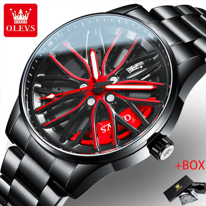 OLEVS Rotation Rim Hub Sports Car Watch Men Watches Waterproof Stainless Steel Wheel Quartz Wristwatch Men with Luminous Hands