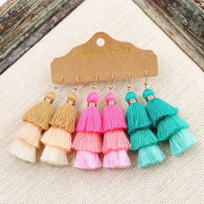 Women Bohemian Colored Tassel Dangling Earrings For Girl Pagoda Fan Dangling Earrings Eardrop Female Net Flowe Fashion Jewelry