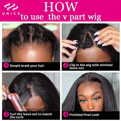 UNice Hair Kinky Straight V Part Wig U Part Wig 100% Human Hair No Glue Minimal Leave Out EasiContour V Part Wig With Drawstring