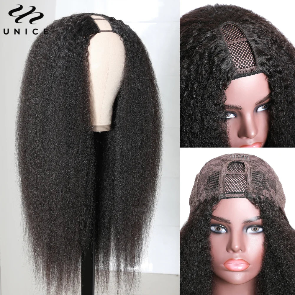 UNice Hair Kinky Straight V Part Wig U Part Wig 100% Human Hair No Glue Minimal Leave Out EasiContour V Part Wig With Drawstring