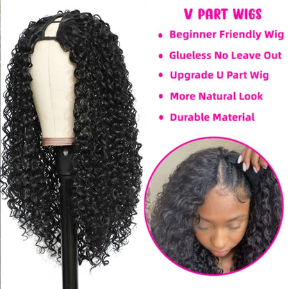 Deep Curly V Part Wigs Kinky Curly Synthetic Hair Wigs for Black Women Deep Water Wave No Leave Out Full Head Clip In Half Wig