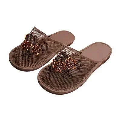 Women Stylish Mesh Floral Slippers Flats Flip Flop Loafers Ladies Mules Fresh Breathable Home Floor Parent-Child Eva Bottom