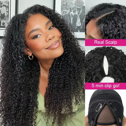 250%  Kinky Curly V Part Wig Human Hair Glueless Deep Afro Curly V Part Wig 30 34 Inch Remy Hair I Part Wigs for Women on Sale